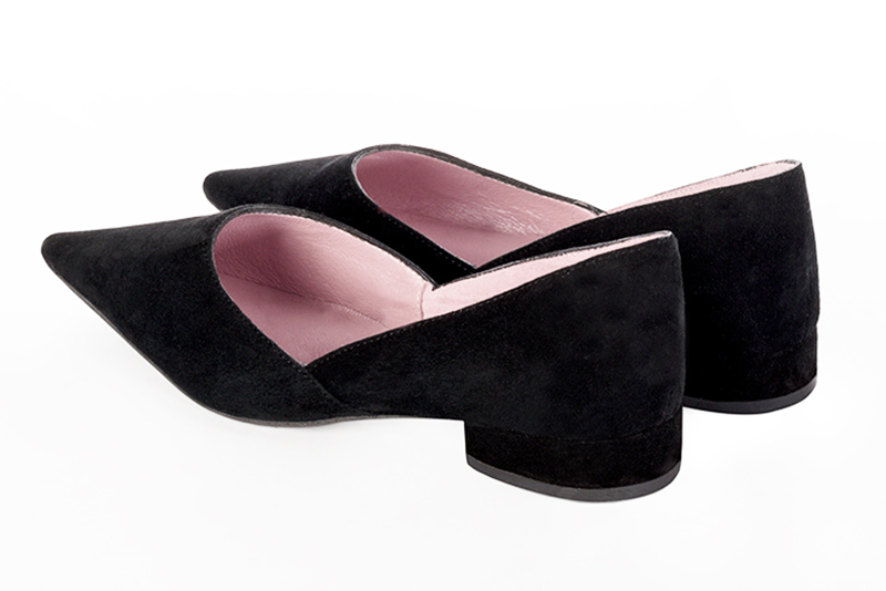 Matt black women's open arch dress pumps. Pointed toe. Flat block heels. Rear view - Florence KOOIJMAN
